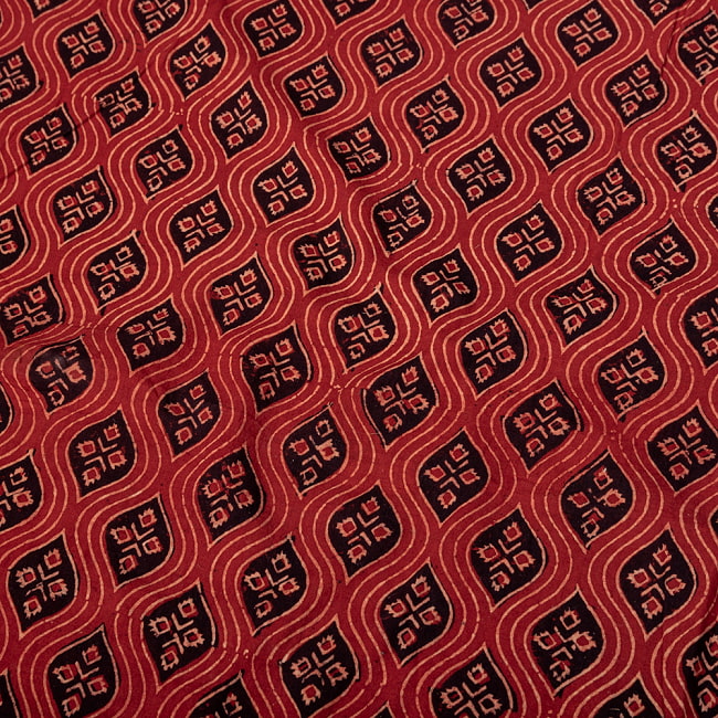 【5個セット】〔1m切単位り売り〕アジュラックプール村からやってきた　昔ながらの木版染め伝統模様布〔幅約112cm〕 - 赤系 5 - インドならではの布ですね。