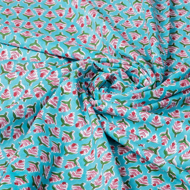 【5個セット】〔1m切単位り売り〕ジャイプル　職人手作り木版染め　色彩美しいボタニカルデザイン　おしゃれ　生地　花柄　テーブルクロス　刺繍素材などへ〔幅約105cm〕 - 青緑系 7 - とても良い風合いです