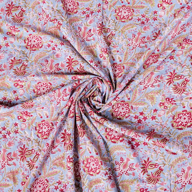 【5個セット】〔1m切単位り売り〕ジャイプル 職人手作り木版染め 色彩美しいボタニカルデザイン おしゃれ 生地 花柄 テーブルクロス 刺繍素材などへ〔幅約108cm〕 - サックスブルー系 2 - デザインはもちろん、色彩に定評のあるとても美しい生地です。