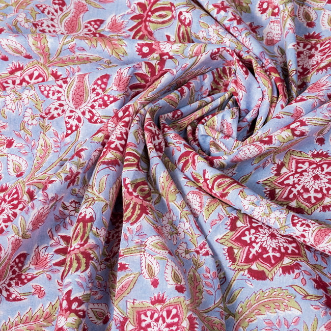 【5個セット】〔1m切単位り売り〕ジャイプル 職人手作り木版染め 色彩美しいボタニカルデザイン おしゃれ 生地 花柄 テーブルクロス 刺繍素材などへ〔幅約108cm〕 - サックスブルー系 7 - とても良い風合いです