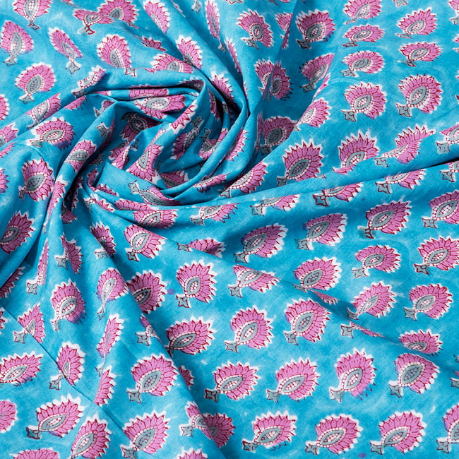 【5個セット】〔1m切単位り売り〕ジャイプル　職人手作り木版染め　色彩美しいボタニカルデザイン　おしゃれ　生地　花柄　テーブルクロス　刺繍素材などへ〔幅約108cm〕 - ピーコックブルー系 7 - とても良い風合いです