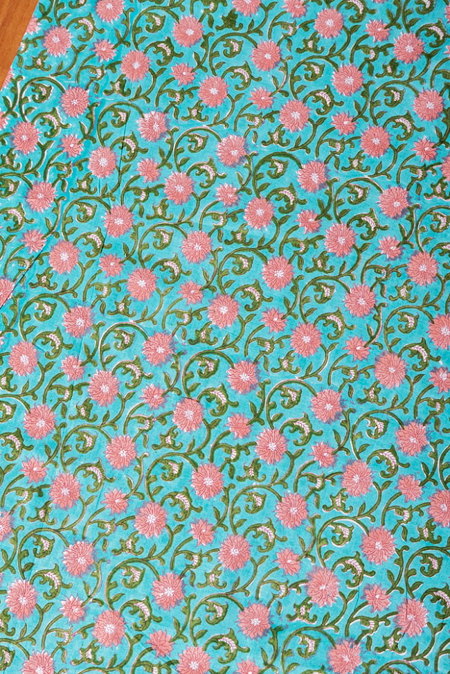 【5個セット】〔1m切単位り売り〕ジャイプル 職人手作り木版染め 色彩美しいボタニカルデザイン おしゃれ 生地 花柄 テーブルクロス 刺繍素材などへ〔幅約109cm〕 - グリーン系 4 - 1mの長さごとにご購入いただけます。