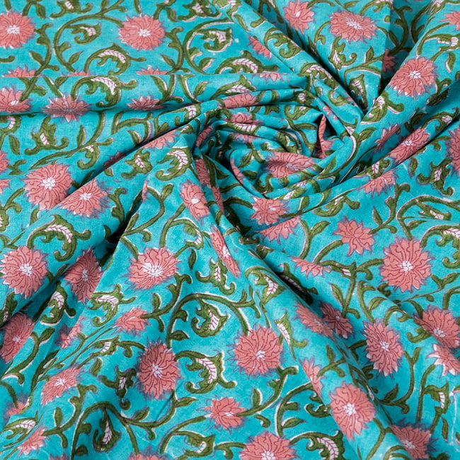 【5個セット】〔1m切単位り売り〕ジャイプル 職人手作り木版染め 色彩美しいボタニカルデザイン おしゃれ 生地 花柄 テーブルクロス 刺繍素材などへ〔幅約109cm〕 - グリーン系 7 - とても良い風合いです