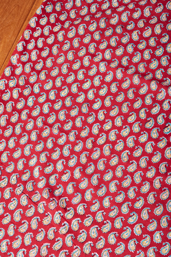 【5個セット】〔1m切単位り売り〕ジャイプル　職人手作り木版染め　色彩美しいボタニカルデザイン　おしゃれ　生地　花柄　テーブルクロス　刺繍素材などへ〔幅約109cm〕 - レッド系 4 - 1mの長さごとにご購入いただけます。