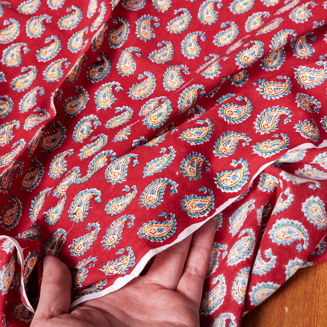 【5個セット】〔1m切単位り売り〕ジャイプル　職人手作り木版染め　色彩美しいボタニカルデザイン　おしゃれ　生地　花柄　テーブルクロス　刺繍素材などへ〔幅約109cm〕 - レッド系 8 - このような生地感になります。ウッドブロックにしか出せない風合いです。