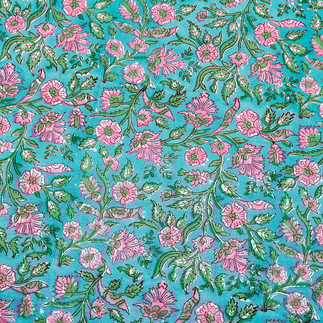 【5個セット】〔1m切単位り売り〕ジャイプル　職人手作り木版染め　色彩美しいボタニカルデザイン　おしゃれ　生地　花柄　テーブルクロス　刺繍素材などへ〔幅約111cm〕 - グリーン系 5 - インドならではの布ですね。