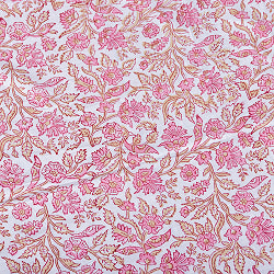 【5個セット】〔1m切単位り売り〕ジャイプル　職人手作り木版染め　色彩美しいボタニカルデザイン　おしゃれ　生地　花柄　テーブルクロス　刺繍素材などへ〔幅約111cm〕 - ピンク系 - サブ5