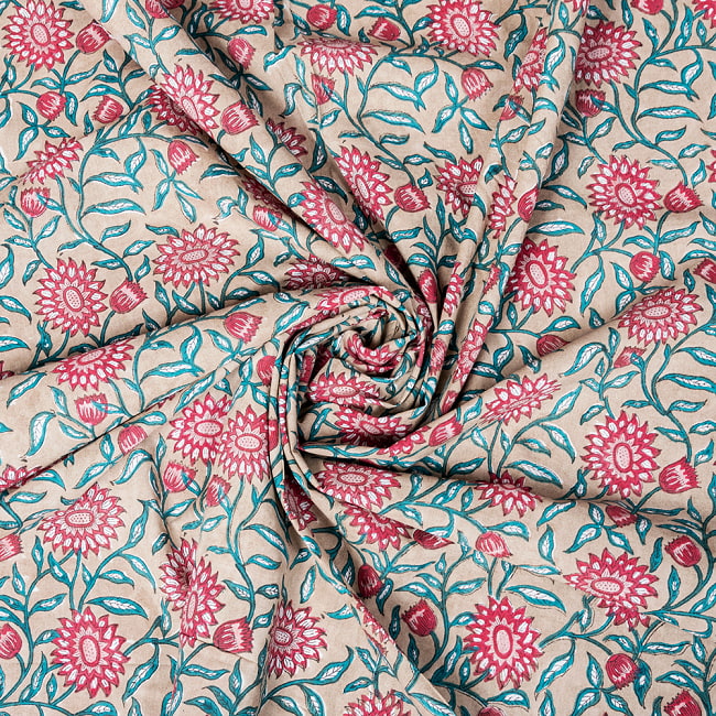 【5個セット】〔1m単位切り売り〕ジャイプル 職人手作り木版染め 色彩美しいボタニカルデザイン おしゃれ 生地 花柄 テーブルクロス 刺繍素材などへ〔幅約111cm〕 - ブラウン系 2 - デザインはもちろん、色彩に定評のあるとても美しい生地です。