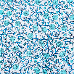 【5個セット】〔1m切単位り売り〕ジャイプル　職人手作り木版染め　色彩美しいボタニカルデザイン　おしゃれ　生地　花柄　テーブルクロス　刺繍素材などへ〔幅約111cm〕 - ブルーグリーン系 - サブ5