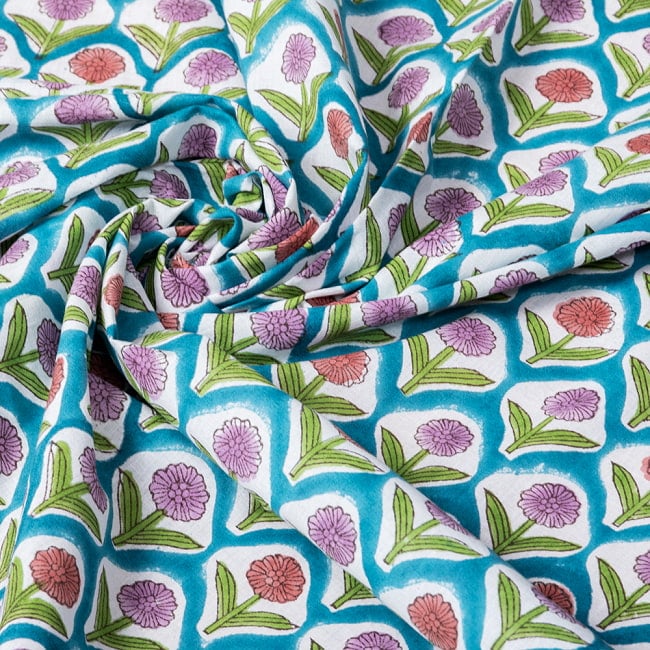【5個セット】〔1m切単位り売り〕ジャイプル 職人手作り木版染め 色彩美しいボタニカルデザイン おしゃれ 生地 花柄 テーブルクロス 刺繍素材などへ〔幅約111cm〕 - ブルー系 7 - とても良い風合いです