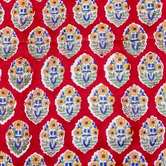 【5個セット】〔1m切単位り売り〕ジャイプル　職人手作り木版染め　色彩美しいボタニカルデザイン　おしゃれ　生地　花柄　テーブルクロス　刺繍素材などへ〔幅約111cm〕 - レッド系 5 - インドならではの布ですね。