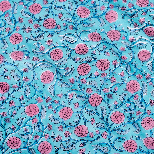 【5個セット】〔1m切単位り売り〕ジャイプル　職人手作り木版染め　色彩美しいボタニカルデザイン　おしゃれ　生地　花柄　テーブルクロス　刺繍素材などへ〔幅約111cm〕 - 青緑系 5 - インドならではの布ですね。