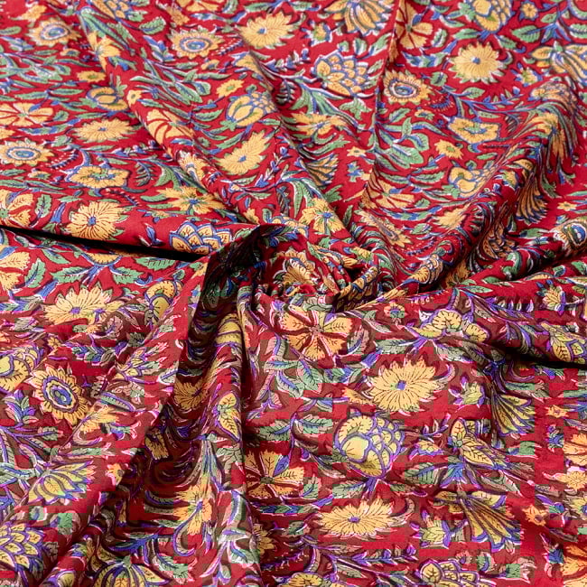 【5個セット】〔1m切単位り売り〕ジャイプル　職人手作り木版染め　色彩美しいボタニカルデザイン　おしゃれ　生地　花柄　テーブルクロス　刺繍素材などへ〔幅約112cm〕 - レッド系 7 - とても良い風合いです
