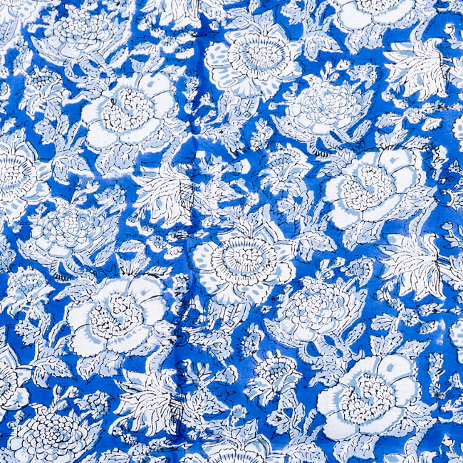 【5個セット】〔1m切単位り売り〕ジャイプル　職人手作り木版染め　色彩美しいボタニカルデザイン　おしゃれ　生地　花柄　テーブルクロス　刺繍素材などへ〔幅約113cm〕 - ブルー 系 5 - インドならではの布ですね。