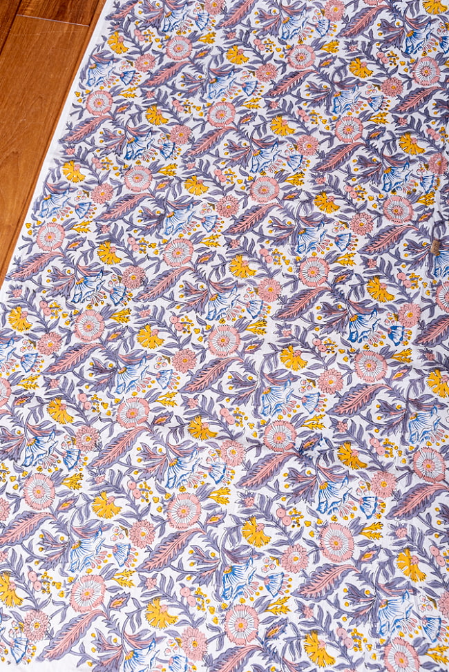 【5個セット】〔1m切単位り売り〕ジャイプル　職人手作り木版染め　色彩美しいボタニカルデザイン　おしゃれ　生地　花柄　テーブルクロス　刺繍素材などへ〔約111cm〕 4 - 1mの長さごとにご購入いただけます。