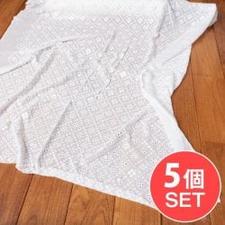 【5個セット】〔1m切単位り売り〕ミラーワークと刺繍入りメッシュ　シースルー生地布〔幅約107cm〕　ホワイト