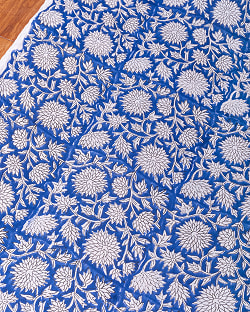 【3個セット】〔1m単位切り売り〕ジャイプル　職人手作り木版染め　色彩美しいボタニカルデザイン〔幅約113cm〕〔ブルー系　更紗柄〕　おしゃれ　生地　テーブルクロス　手芸素材などへ - サブ2