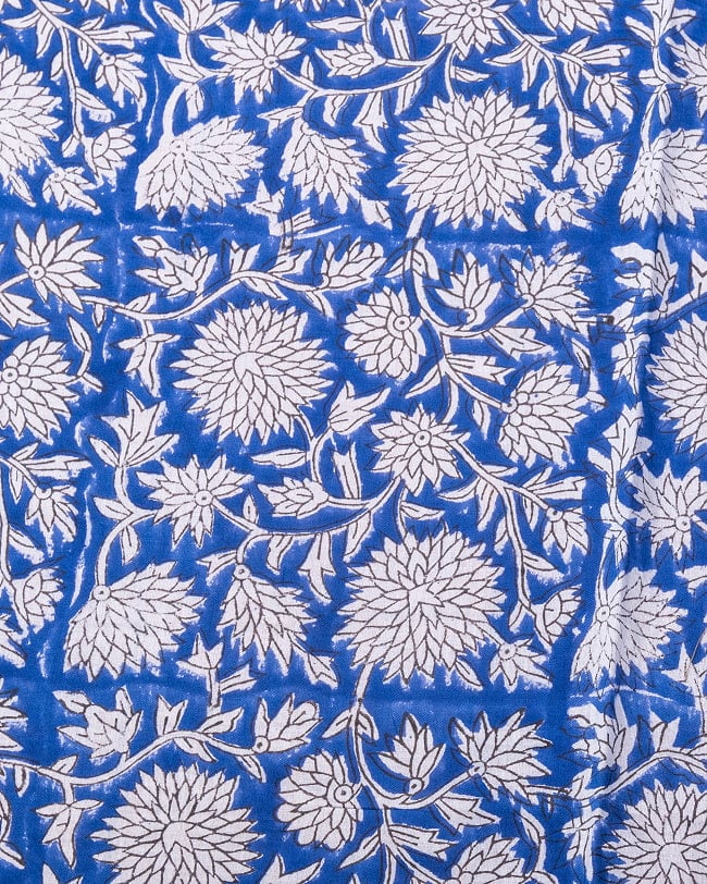 【3個セット】〔1m単位切り売り〕ジャイプル　職人手作り木版染め　色彩美しいボタニカルデザイン〔幅約113cm〕〔ブルー系　更紗柄〕　おしゃれ　生地　テーブルクロス　手芸素材などへ 4 - 1mの長さごとにご購入いただけます。