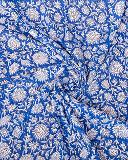 【3個セット】〔1m単位切り売り〕ジャイプル　職人手作り木版染め　色彩美しいボタニカルデザイン〔幅約113cm〕〔ブルー系　更紗柄〕　おしゃれ　生地　テーブルクロス　手芸素材などへ - サブ5