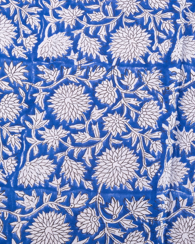 【3個セット】〔1m単位切り売り〕ジャイプル　職人手作り木版染め　色彩美しいボタニカルデザイン〔幅約113cm〕〔ブルー系　更紗柄〕　おしゃれ　生地　テーブルクロス　手芸素材などへ 4 - 1mの長さごとにご購入いただけます。