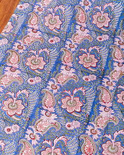 【3個セット】〔1m単位切り売り〕ジャイプル　職人手作り木版染め　色彩美しいボタニカルデザイン〔幅約111cm〕〔ブルー系　更紗柄〕　おしゃれ　生地　テーブルクロス　手芸素材などへ - サブ2