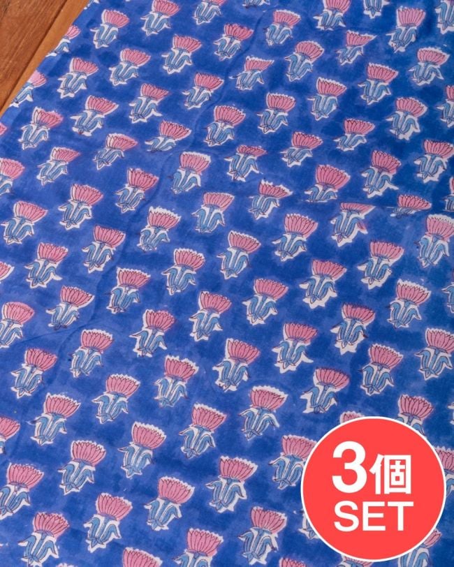 【3個セット】〔1m単位切り売り〕ジャイプル　職人手作り木版染め　色彩美しいボタニカルデザイン〔幅約109cm〕〔レイン系　小花柄〕　おしゃれ　生地　テーブルクロス　手芸素材などへの写真セット,切り売り生地,テーブルクロス,マルチクロス,ボタニカル,プロヴァンス,更紗,量り売り布,アジア布 量り売り,手芸,裁縫,アジアン,ファブリック