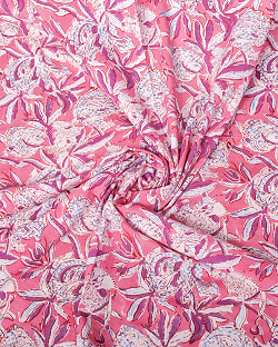 【3個セット】〔1m単位切り売り〕ジャイプル　職人手作り木版染め　色彩美しいボタニカルデザイン〔幅約108cm〕〔ピンク系　更紗柄〕　おしゃれ　生地　テーブルクロス　手芸素材などへ - サブ5