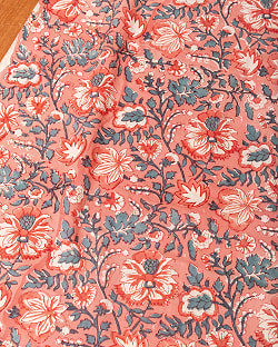 【3個セット】〔1m単位切り売り〕ジャイプル　職人手作り木版染め　色彩美しいボタニカルデザイン〔幅約109cm〕〔サーモンオレンジ系　更紗柄〕　おしゃれ　生地　テーブルクロス　手芸素材などへ - サブ2