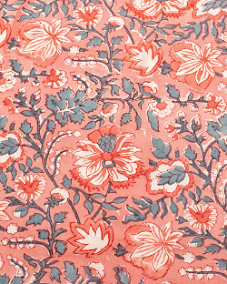 【3個セット】〔1m単位切り売り〕ジャイプル　職人手作り木版染め　色彩美しいボタニカルデザイン〔幅約109cm〕〔サーモンオレンジ系　更紗柄〕　おしゃれ　生地　テーブルクロス　手芸素材などへ - サブ4