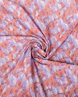 【3個セット】〔1m単位切り売り〕ジャイプル　職人手作り木版染め　色彩美しいボタニカルデザイン〔幅約110cm〕〔サーモン×紫系　波模様〕　おしゃれ　生地　テーブルクロス　手芸素材などへ - サブ5