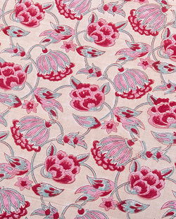 【3個セット】〔1m単位切り売り〕ジャイプル　職人手作り木版染め　色彩美しいボタニカルデザイン〔幅約108cm〕〔薄黄クリーム×ピンク×赤系　更紗柄〕　おしゃれ　生地　テーブルクロス　手芸素材などへ - サブ4