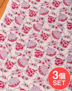 【3個セット】〔1m単位切り売り〕ジャイプル　職人手作り木版染め　色彩美しいボタニカルデザイン〔幅約108cm〕〔薄黄クリーム×ピンク×赤系　更紗柄〕　おしゃれ　生地　テーブルクロス　手芸素材などへの数割選択写真