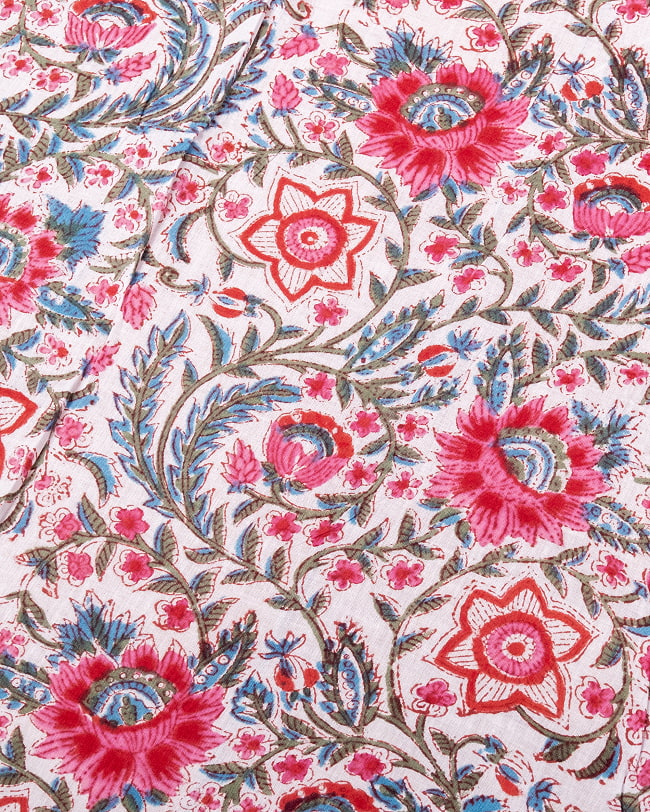 【3個セット】〔1m単位切り売り〕ジャイプル　職人手作り木版染め　色彩美しいボタニカルデザイン〔幅約110cm〕〔グリーン×ピンク系　更紗柄〕　おしゃれ　生地　テーブルクロス　手芸素材などへ 4 - 1mの長さごとにご購入いただけます。