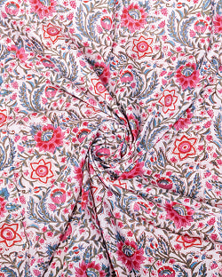 【3個セット】〔1m単位切り売り〕ジャイプル　職人手作り木版染め　色彩美しいボタニカルデザイン〔幅約110cm〕〔グリーン×ピンク系　更紗柄〕　おしゃれ　生地　テーブルクロス　手芸素材などへ - サブ5