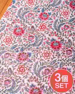 【3個セット】〔1m単位切り売り〕ジャイプル 職人手作り木版染め 色彩美しいボタニカルデザイン〔幅約110cm〕〔グリーン×ピンク系 更紗柄〕 おしゃれ 生地 テーブルクロス 手芸素材などへの画像