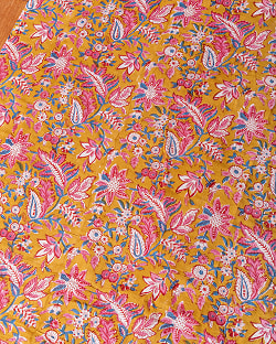 【3個セット】〔1m単位切り売り〕ジャイプル　職人手作り木版染め　色彩美しいボタニカルデザイン〔幅約111cm〕〔黄土×ピンク×青緑系　更紗柄〕　おしゃれ　生地　テーブルクロス　手芸素材などへ - サブ2