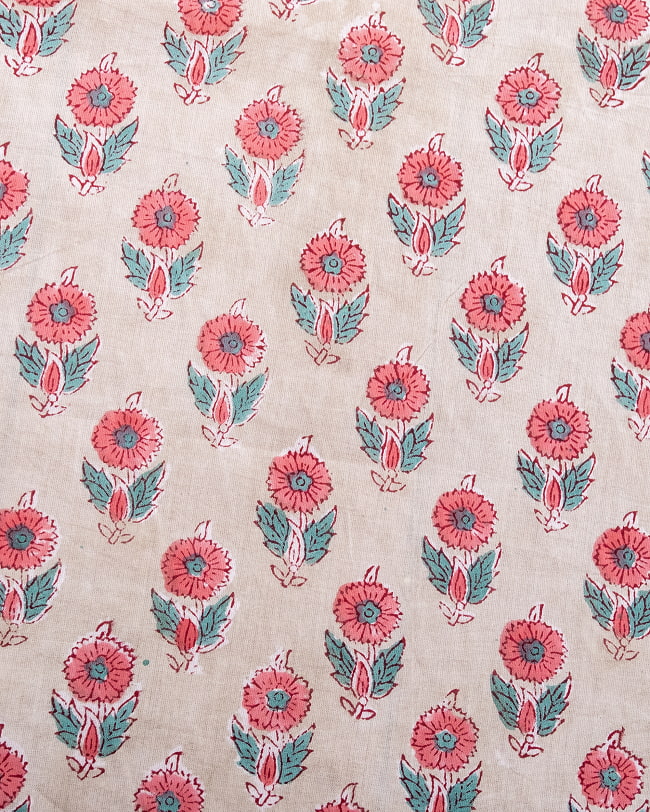 【3個セット】〔1m単位切り売り〕ジャイプル　職人手作り木版染め　色彩美しいボタニカルデザイン〔幅約110cm〕〔薄グリーン系　小花柄〕　おしゃれ　生地　テーブルクロス　手芸素材などへ 4 - 1mの長さごとにご購入いただけます。