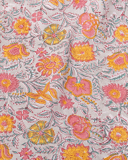 【3個セット】〔1m単位切り売り〕ジャイプル　職人手作り木版染め　色彩美しいボタニカルデザイン〔幅約112cm〕〔薄グリーン系　更紗柄〕　おしゃれ　生地　テーブルクロス　手芸素材などへ - サブ4