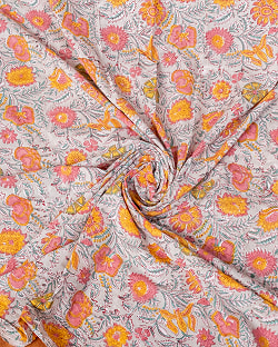 【3個セット】〔1m単位切り売り〕ジャイプル　職人手作り木版染め　色彩美しいボタニカルデザイン〔幅約112cm〕〔薄グリーン系　更紗柄〕　おしゃれ　生地　テーブルクロス　手芸素材などへ - サブ5