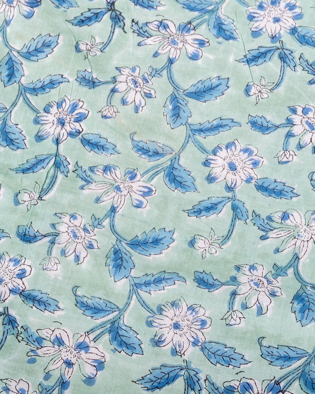 【3個セット】〔1m単位切り売り〕ジャイプル　職人手作り木版染め　色彩美しいボタニカルデザイン〔幅約106cm〕〔ミントグリーン系　更紗柄〕　おしゃれ　生地　テーブルクロス　手芸素材などへ 4 - 1mの長さごとにご購入いただけます。