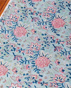 【3個セット】〔1m単位切り売り〕ジャイプル　職人手作り木版染め　色彩美しいボタニカルデザイン〔幅約107cm〕〔ミントブルー系　更紗柄〕　おしゃれ　生地　テーブルクロス　手芸素材などへ - サブ2