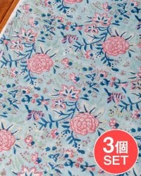 【3個セット】〔1m単位切り売り〕ジャイプル 職人手作り木版染め 色彩美しいボタニカルデザイン〔幅約107cm〕〔ミントブルー系 更紗柄〕 おしゃれ 生地 テーブルクロス 手芸素材などへの画像