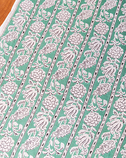 【3個セット】〔1m単位切り売り〕ジャイプル　職人手作り木版染め　色彩美しいボタニカルデザイン〔幅約111cm〕〔ミントグリーン系　更紗柄〕　おしゃれ　生地　テーブルクロス　手芸素材などへ - サブ2