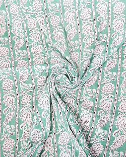 【3個セット】〔1m単位切り売り〕ジャイプル　職人手作り木版染め　色彩美しいボタニカルデザイン〔幅約111cm〕〔ミントグリーン系　更紗柄〕　おしゃれ　生地　テーブルクロス　手芸素材などへ - サブ5