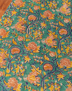 【3個セット】〔1m単位切り売り〕ジャイプル　職人手作り木版染め　色彩美しいボタニカルデザイン〔幅約108cm〕〔グリーン系　更紗柄〕　おしゃれ　生地　テーブルクロス　手芸素材などへ - サブ2