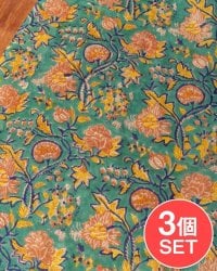 【3個セット】〔1m単位切り売り〕ジャイプル　職人手作り木版染め　色彩美しいボタニカルデザイン〔幅約108cm〕〔グリーン系　更紗柄〕　おしゃれ　生地　テーブルクロス　手芸素材などへの数割選択写真