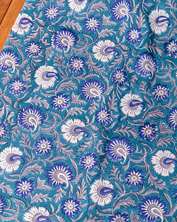 【3個セット】〔1m単位切り売り〕ジャイプル　職人手作り木版染め　色彩美しいボタニカルデザイン〔幅約108cm〕〔青緑系　更紗柄〕　おしゃれ　生地　テーブルクロス　手芸素材などへ - サブ2