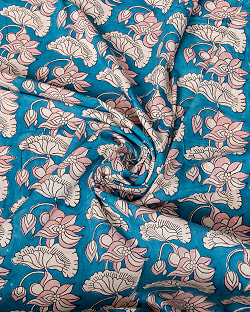 【3個セット】〔1m単位切り売り〕ジャイプル　職人手作り木版染め　色彩美しいボタニカルデザイン〔幅約108cm〕〔青緑系　ロータス柄〕　おしゃれ　生地　テーブルクロス　手芸素材などへ - サブ5