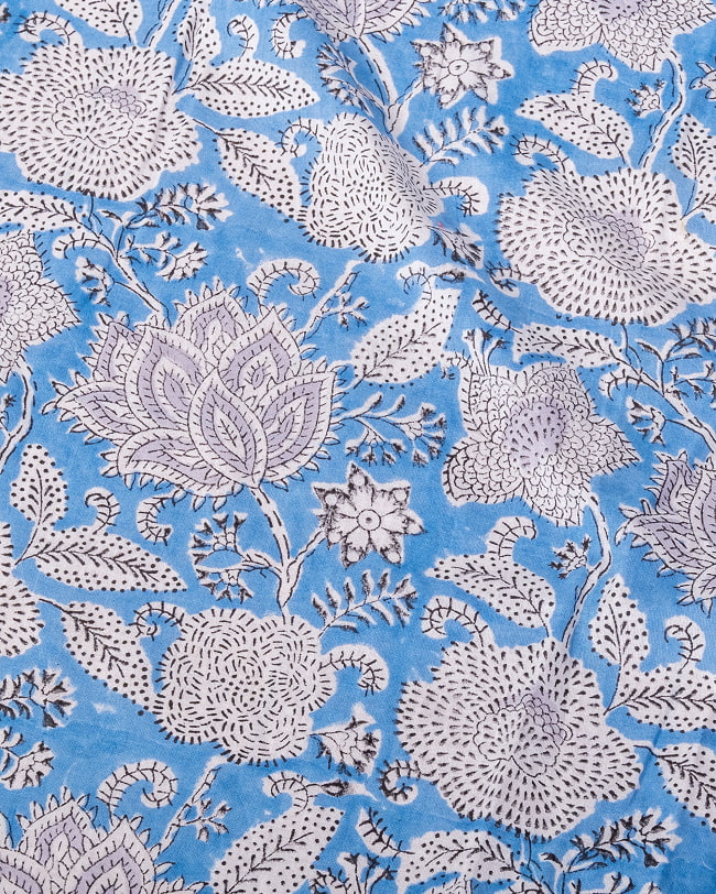 【5個セット】〔1m単位切り売り〕ジャイプル　職人手作り木版染め　色彩美しいボタニカルデザイン〔幅約106cm〕〔水色系　更紗柄〕　おしゃれ　生地　テーブルクロス　手芸素材などへ 4 - 1mの長さごとにご購入いただけます。