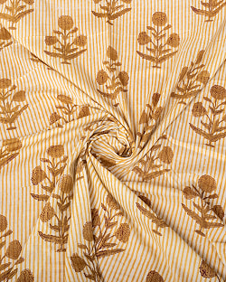 【5個セット】〔1m単位切り売り〕ジャイプル　職人手作り木版染め　色彩美しいボタニカルデザイン〔幅約112cm〕〔ベージュ×ブラウン系　花柄〕　おしゃれ　生地　テーブルクロス　手芸素材などへ - サブ5